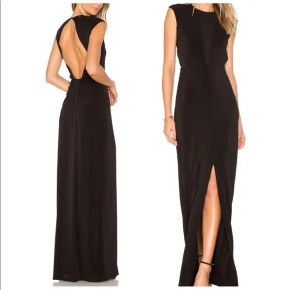 Rachel Zoe Amara Open Back High Slit Gown Dress Black 2 - Picture 1 of 10
